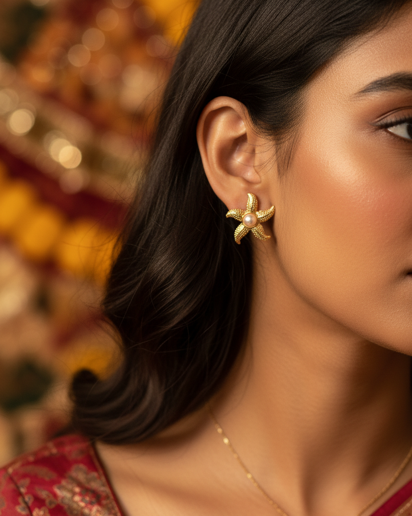 Gold Starfish Pearl Stud Earrings - Lifestyle