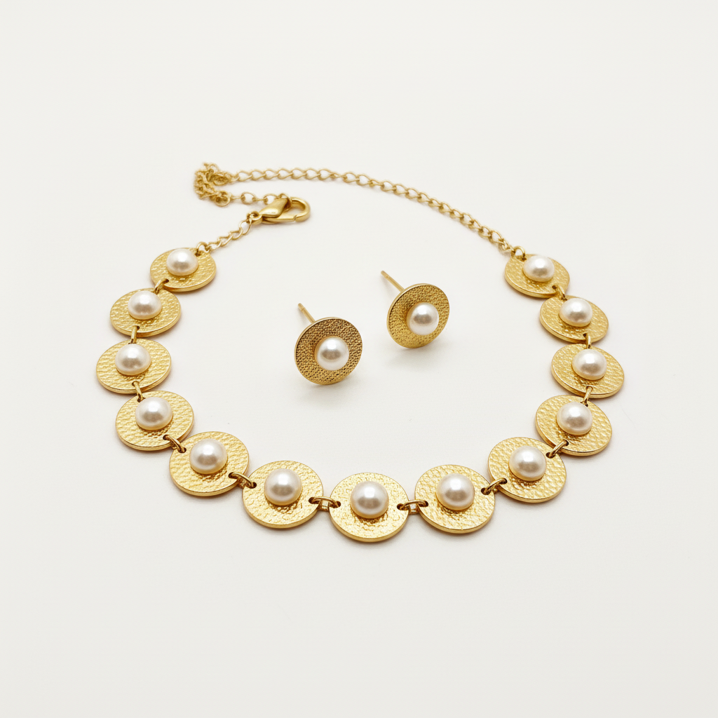 Hammered Gold Disc & Pearl Necklace Set