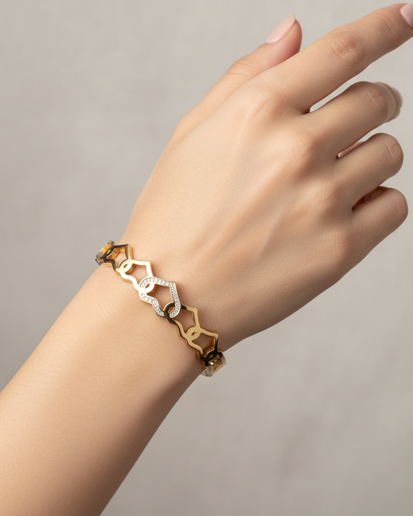 Gold Crown Scallop Bangle Bracelet with Crystal Accents