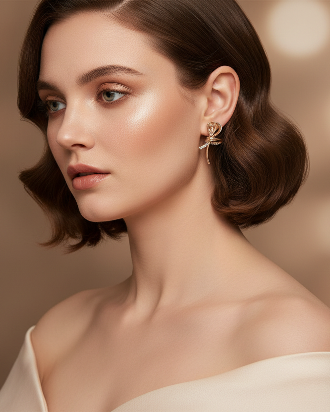 Rose gold flower earrings lifestyle image - worn by model