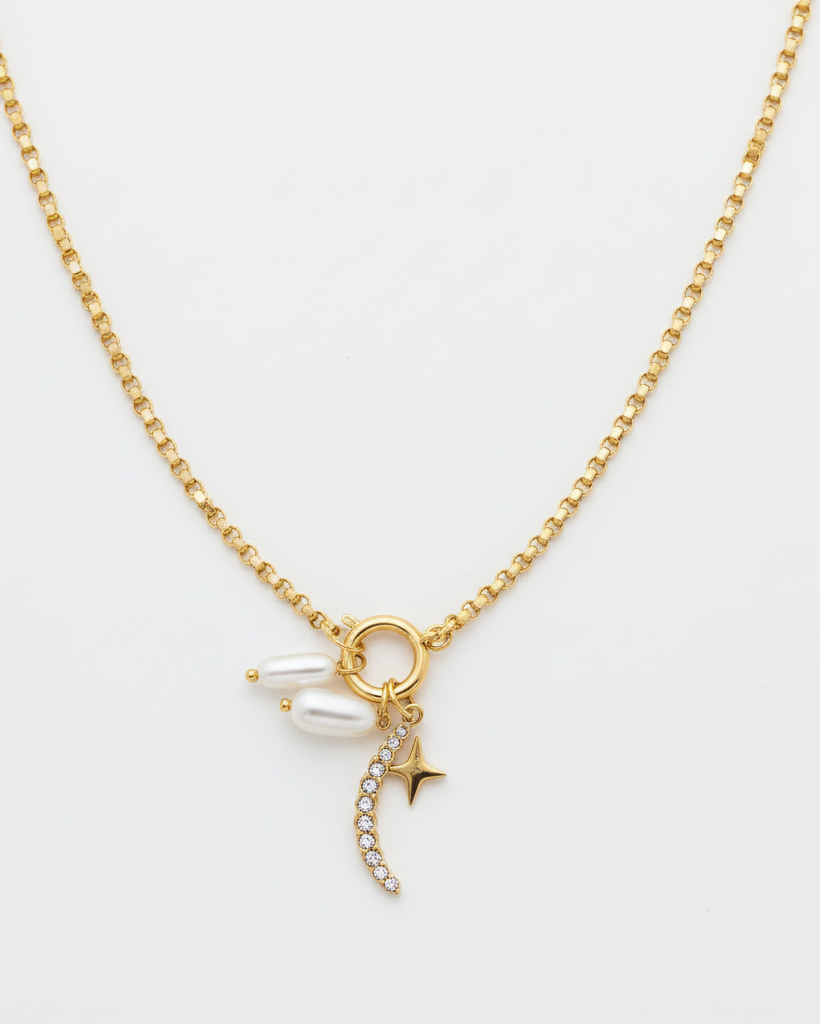 Gold Box Chain Necklace with Pearl & Crystal Crescent Pendant