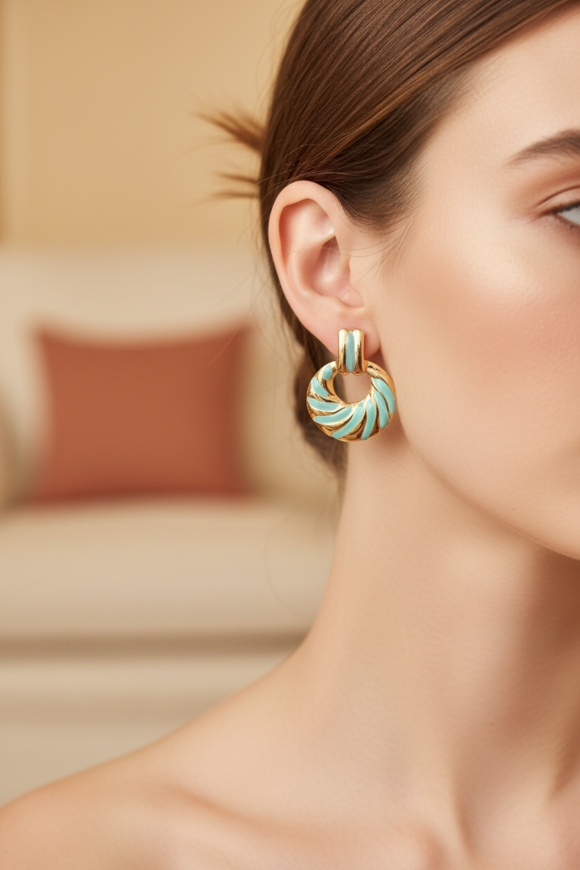 Turquoise Swirl Enamel Hoop Drop Earrings