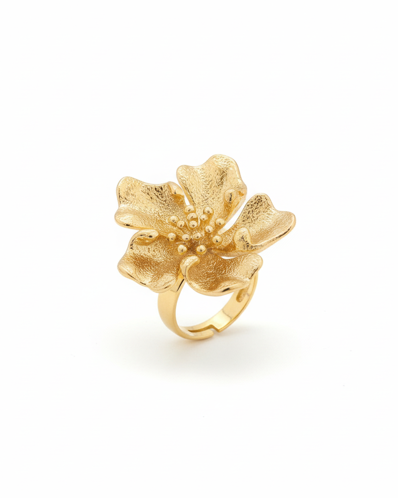 Gold flower ring with textured petal design - enhanced product image