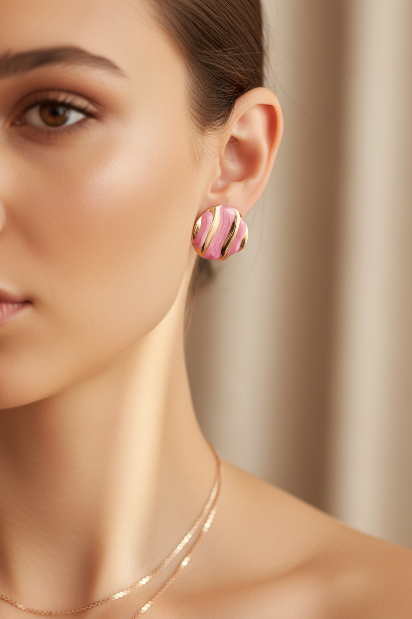 Pink Marble Swirl Stainless Steel Stud Earrings