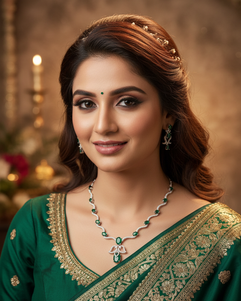 Silver Emerald Green Stone Necklace Set with Earrings