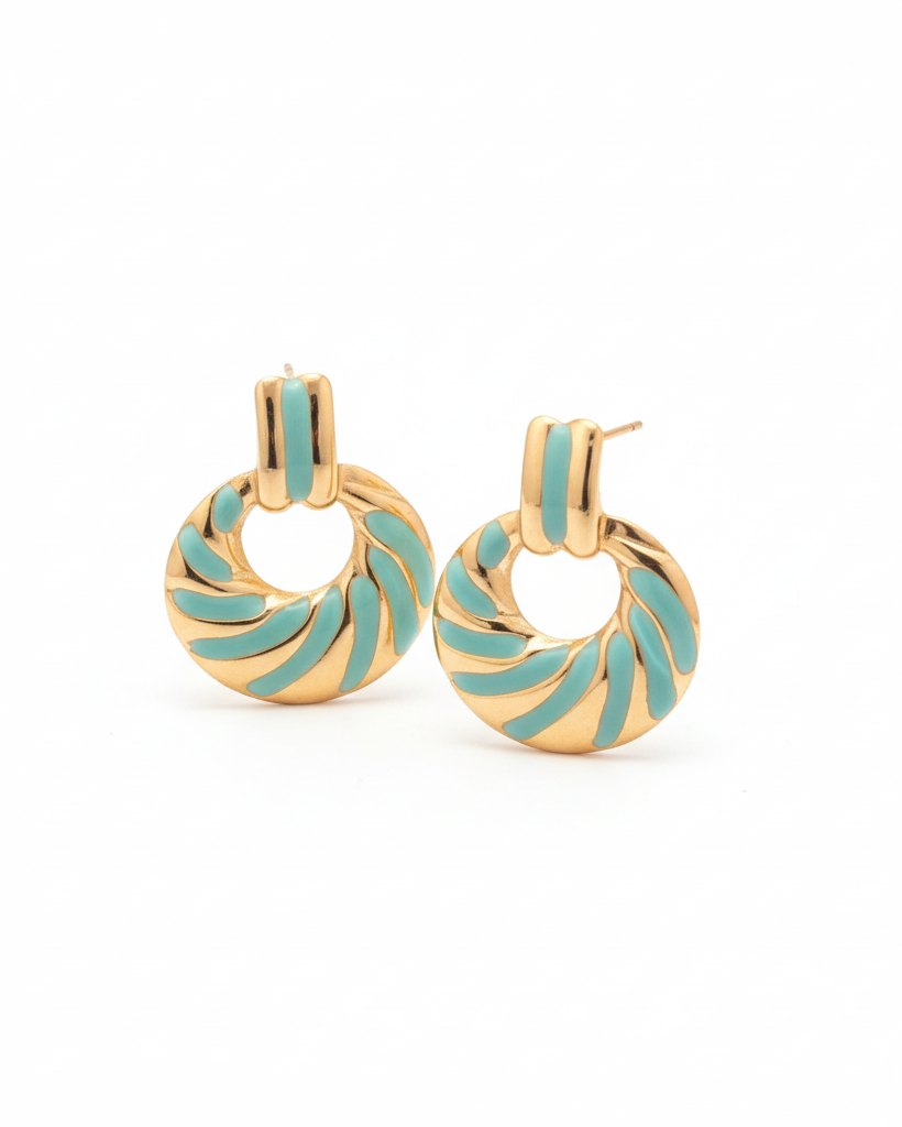 Turquoise Swirl Enamel Hoop Drop Earrings