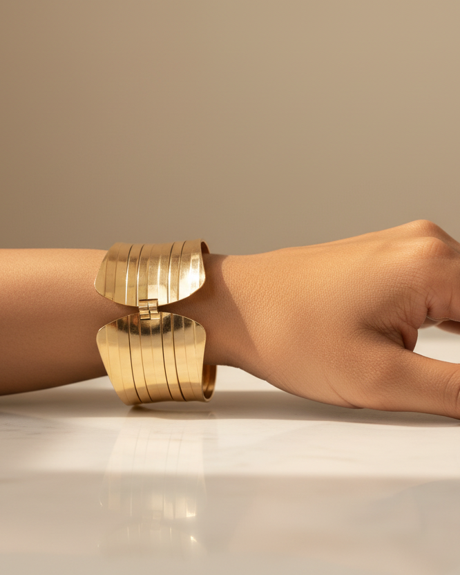 Gold multi-row stacked wide cuff bangle lifestyle shot worn on wrist
