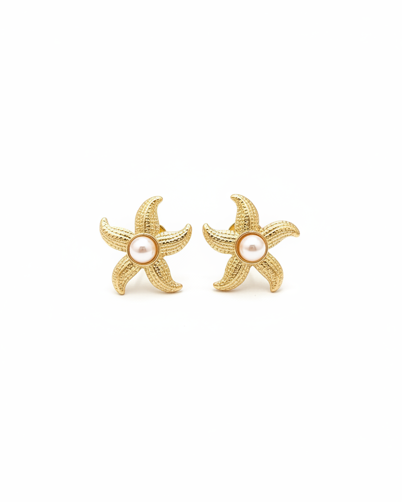 Gold Starfish Pearl Stud Earrings - Enhanced
