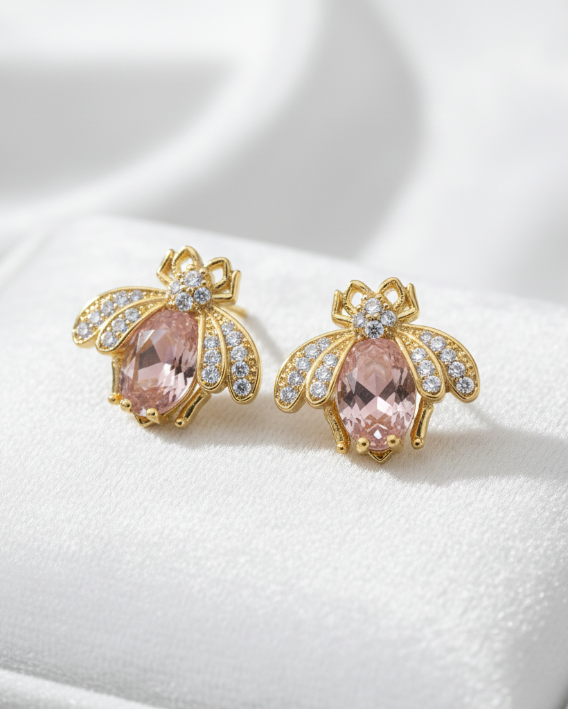 Golden Bee Morganite Crystal Stud Earrings | American Diamond Pavé