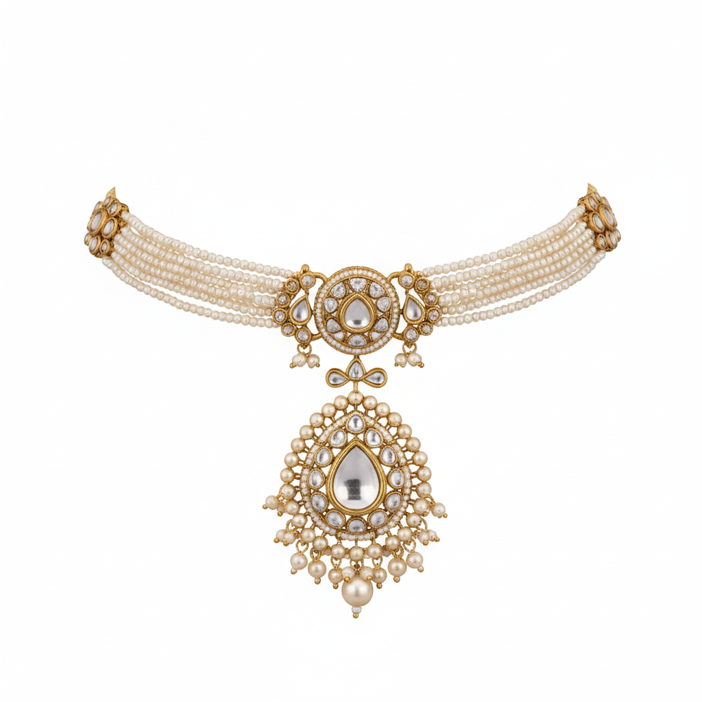 Gold Kundan Bridal Choker Necklace Set with Earrings & Maang Tikka