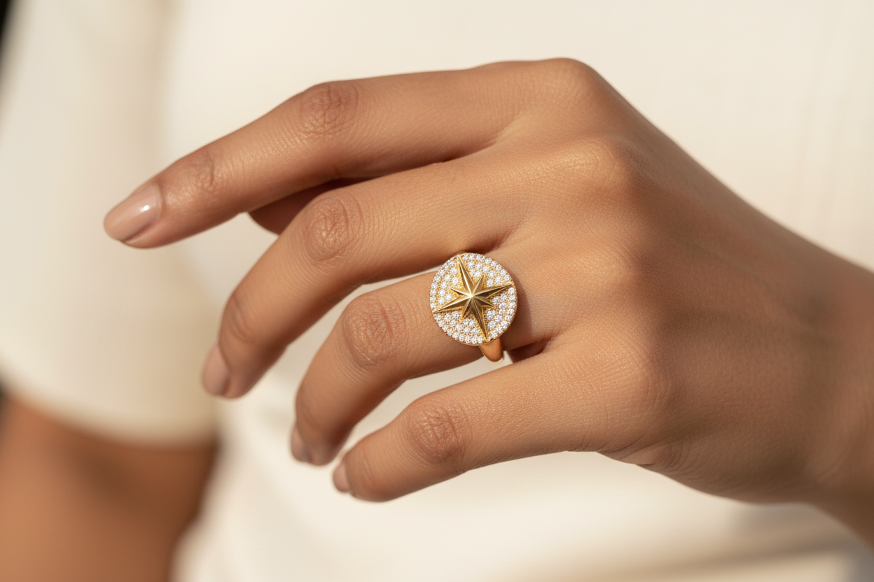 Gold north star pavé diamond disc ring lifestyle shot worn on finger