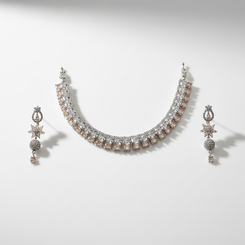 American Diamond choker necklace set with drop earrings on white background, no mannequin