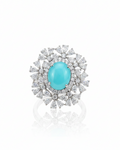Turquoise double halo diamond cocktail ring on white background