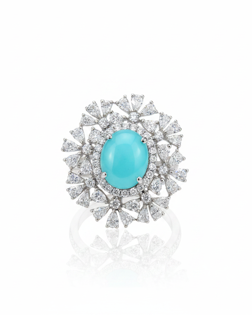 Turquoise double halo diamond cocktail ring on white background