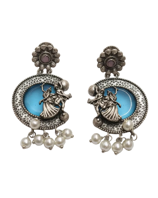 Traditional Silver Crescent Moon Earrings with Turquoise Enamel & Pearl Drops