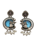 Traditional Silver Crescent Moon Earrings with Turquoise Enamel & Pearl Drops
