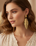 Gold feather drop earrings lifestyle image - worn by model