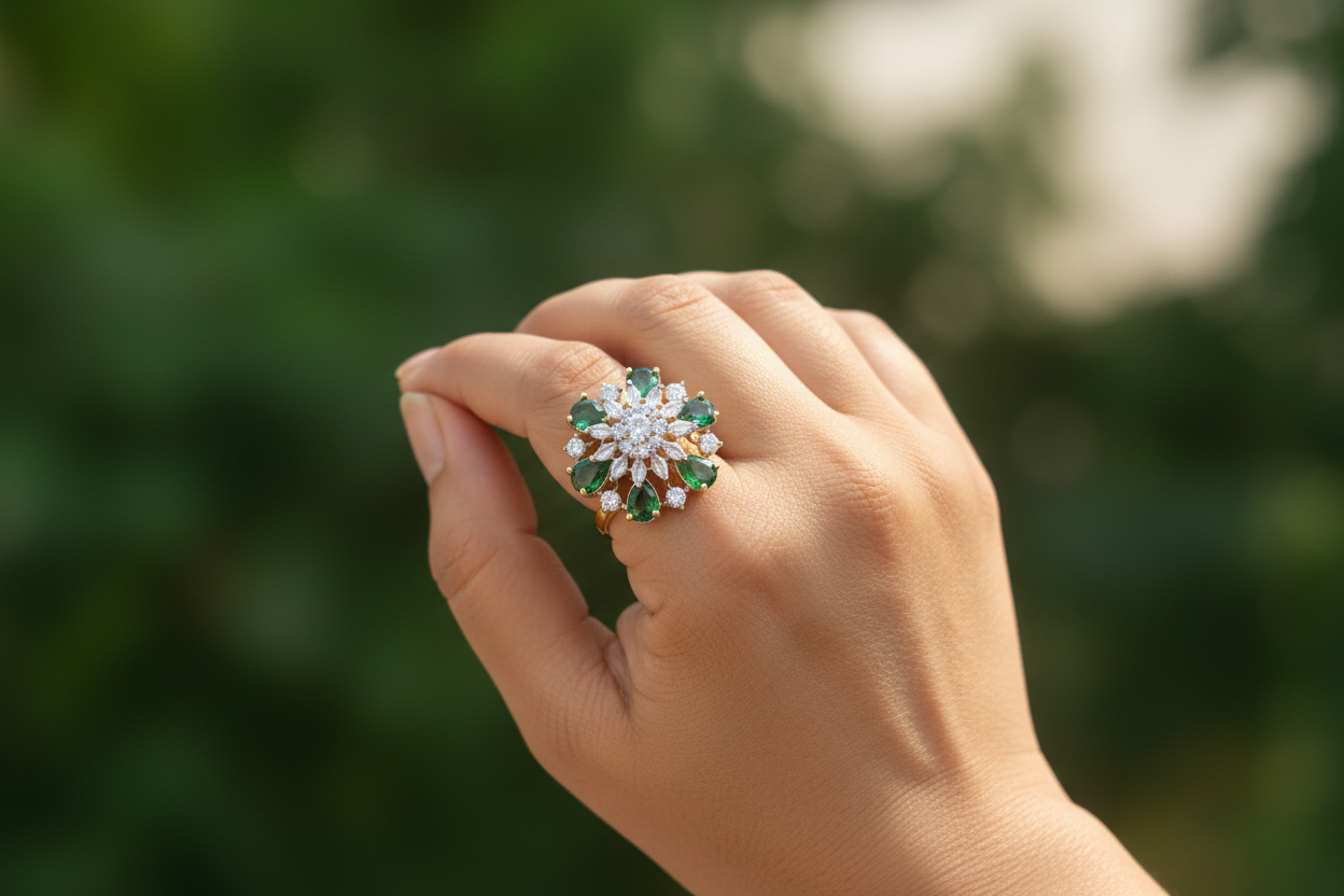Gold emerald and diamond floral pinwheel cocktail ring lifestyle shot