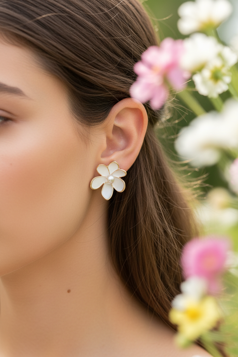 White Floral Petal Stud Earrings