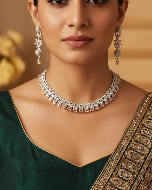 Close-up lifestyle shot of Indian woman wearing American Diamond choker necklace set with CZ stones in focus