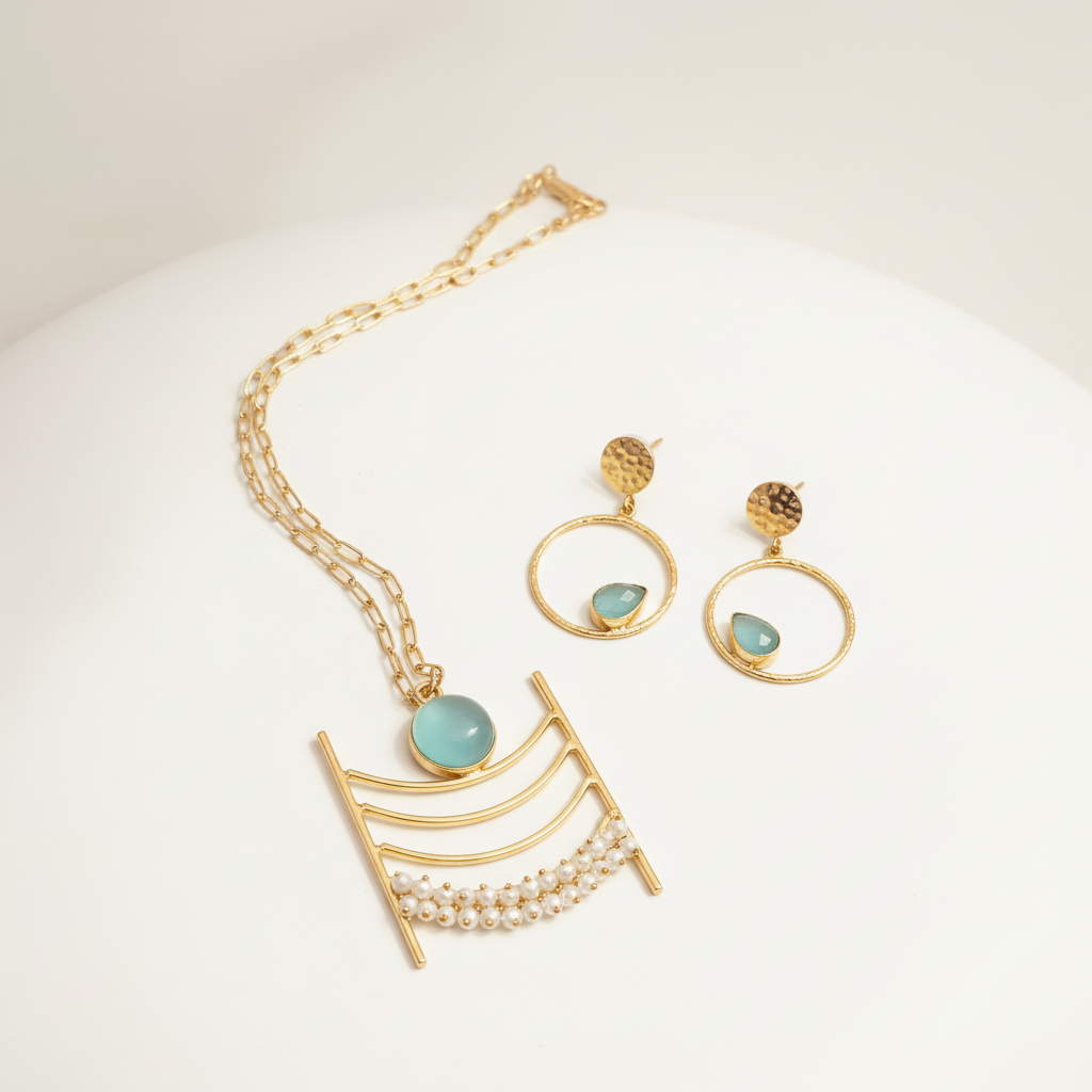 Aqua Stone Brass Geometric Pendant & Hoop Earrings Set