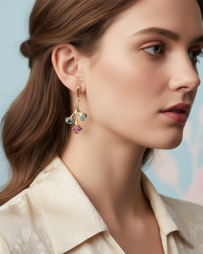 Multi-stone branch earrings lifestyle image - worn by model