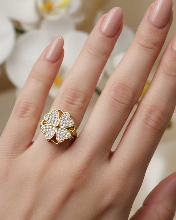 Gold crystal flower ring lifestyle image - worn on hand