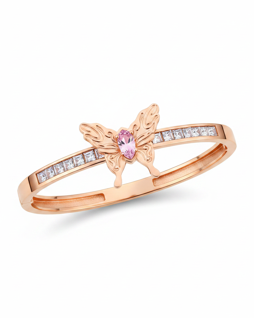 Rose gold butterfly crystal bangle bracelet on white background