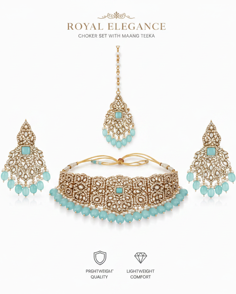 Royal Elegance Turquoise Choker Necklace Set with Maang Tikka on white background