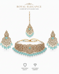 Royal Elegance Turquoise Choker Necklace Set with Maang Tikka on white background
