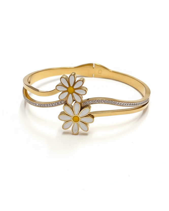Daisy flower diamond cuff bracelet on white background