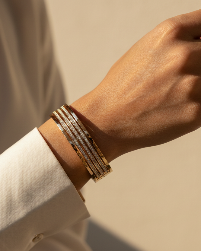 Gold triple row pavé diamond wide cuff bangle lifestyle shot worn on wrist