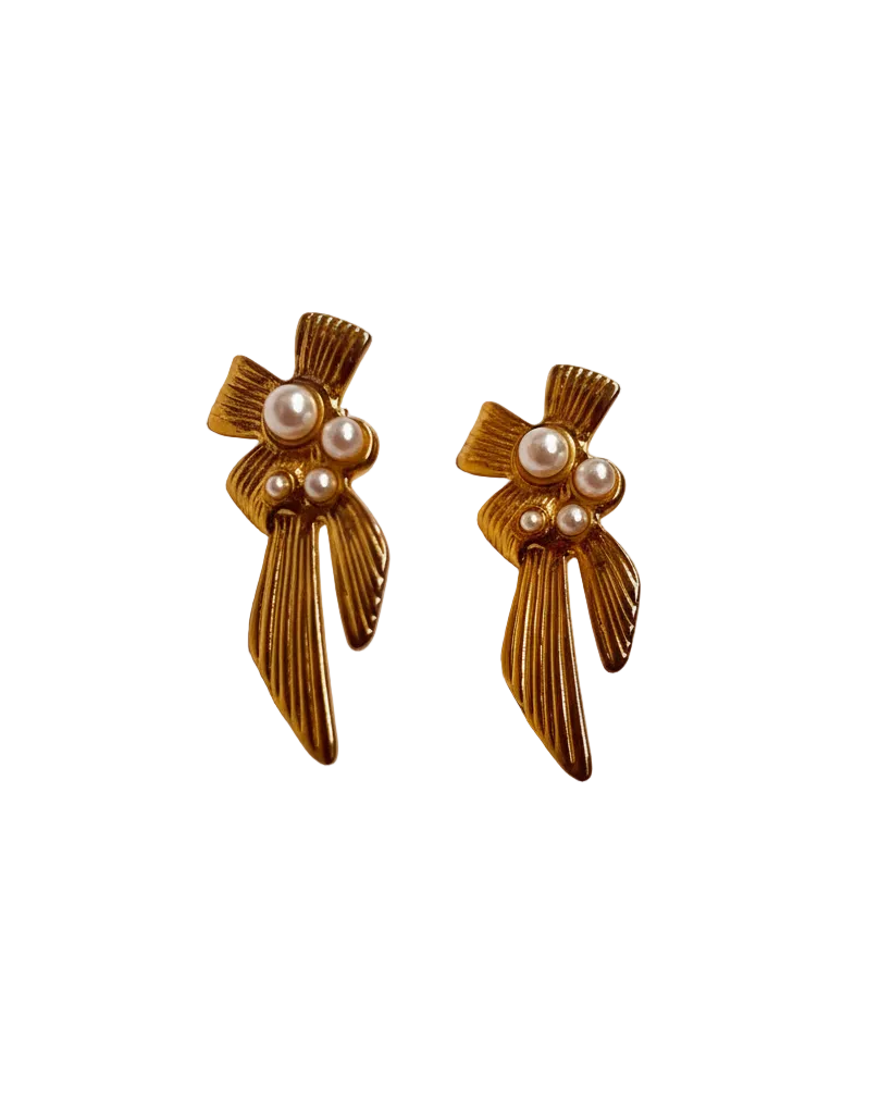 Gold Bow Pearl Cluster Stud Earrings | American Diamond Inspired Elegance