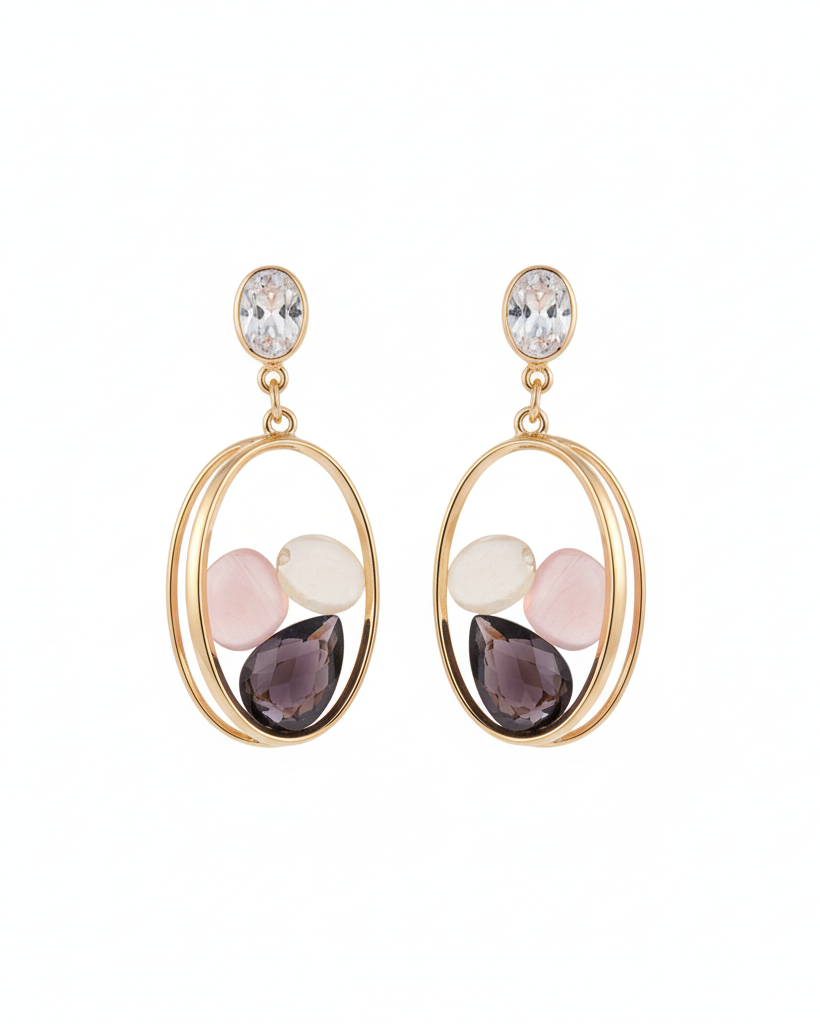 Gold Oval Floating Gemstone Drop Earrings