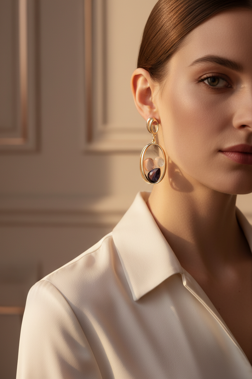 Gold Oval Floating Gemstone Drop Earrings