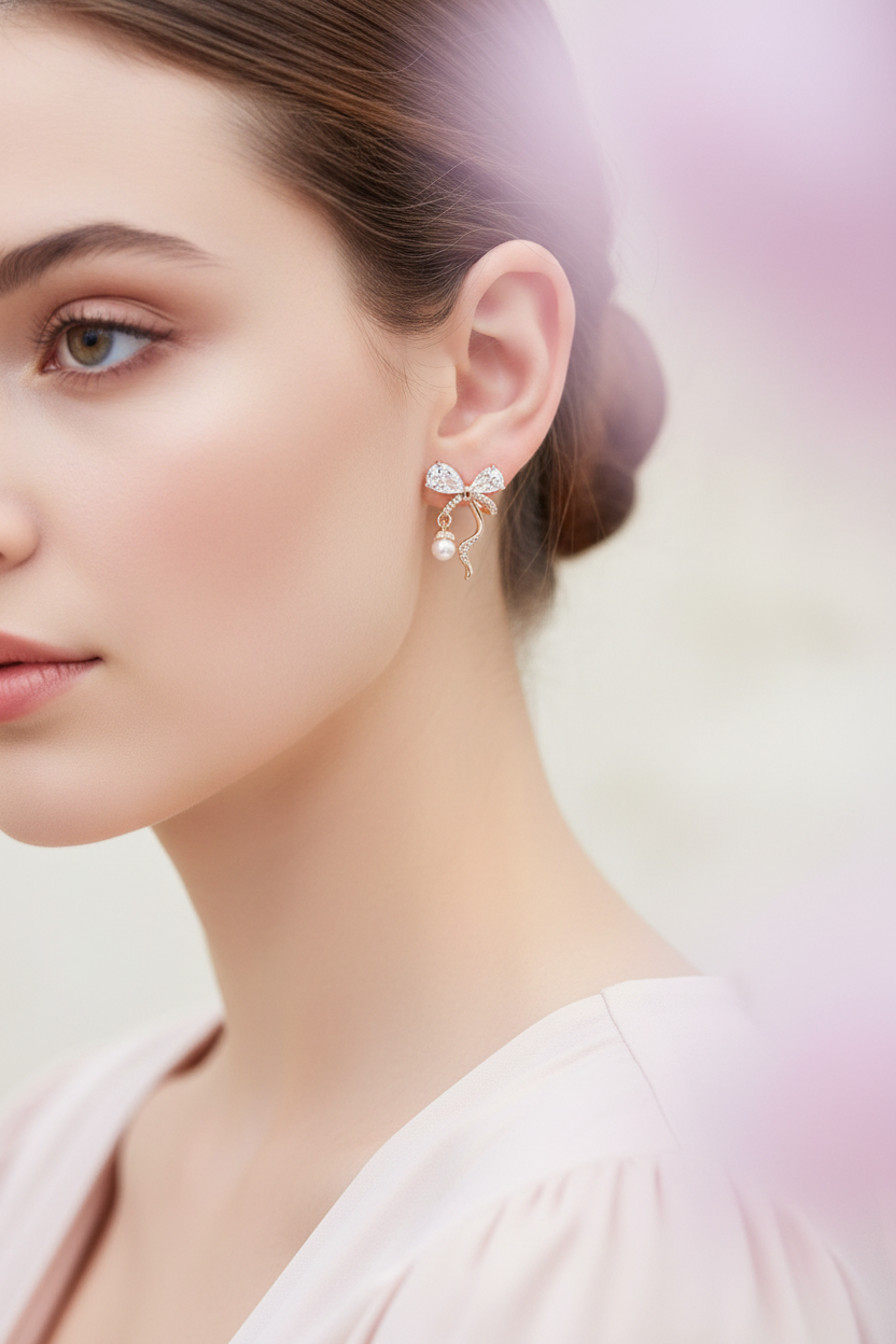 Crystal Bow Pearl Drop Stud Earrings