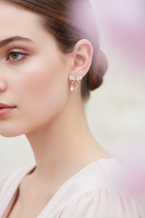Crystal Bow Pearl Drop Stud Earrings