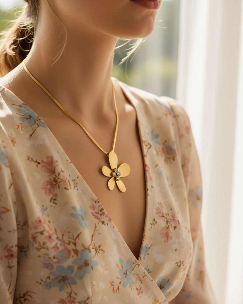 Gold Herringbone Chain Necklace with Crystal Flower Pendant