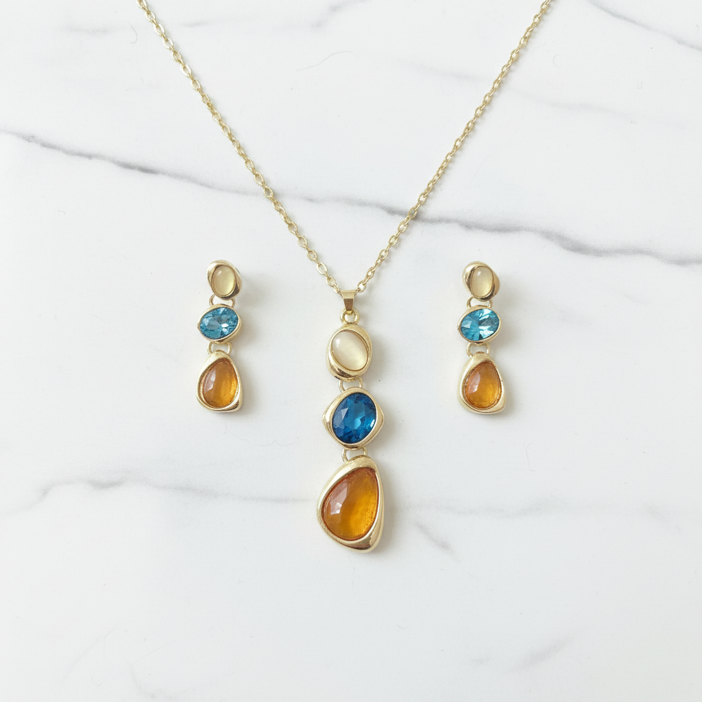 Multi-Stone Pendant & Earrings Set | Gold-Tone Jewellery Set
