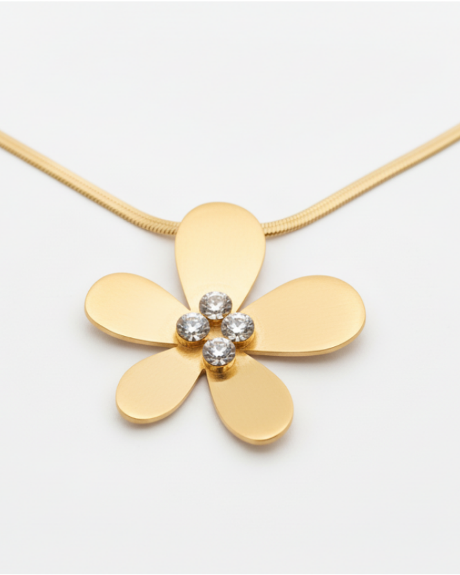 Gold Herringbone Chain Necklace with Crystal Flower Pendant