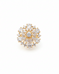 Gold American diamond sunburst cluster cocktail ring on white background