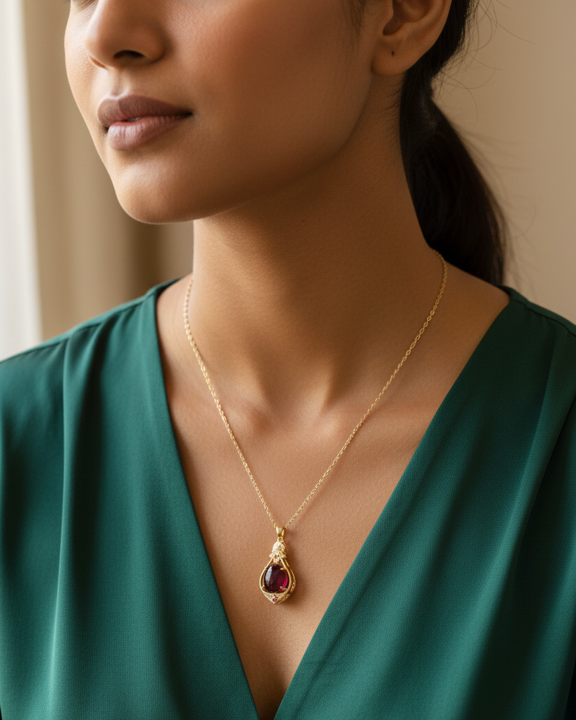 Red Stone Cabochon Pendant Necklace | Gold Cage Setting Chain