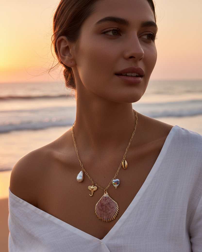 Ocean Charm Necklace – Pink Shell & Gold Multi-Charm
