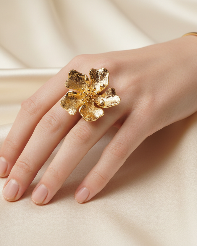 Gold flower ring lifestyle image - worn on hand