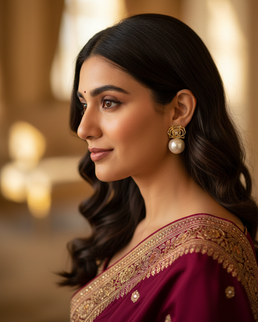 Golden Rose Pearl Drop Earrings | American Diamond Floral Stud Earrings