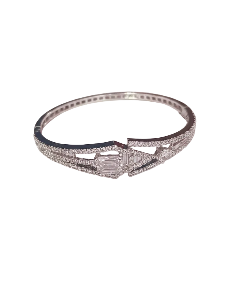 Silver pavé crystal baguette bangle bracelet on white background
