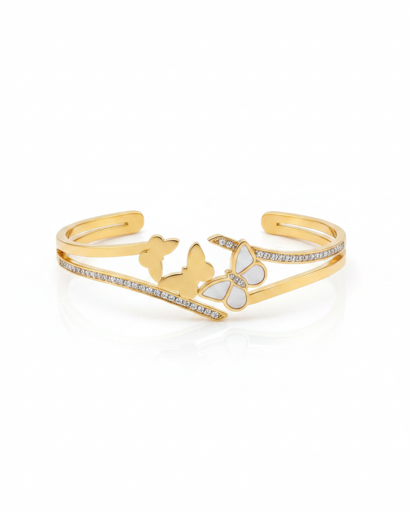 Gold double butterfly duo bangle bracelet on white background