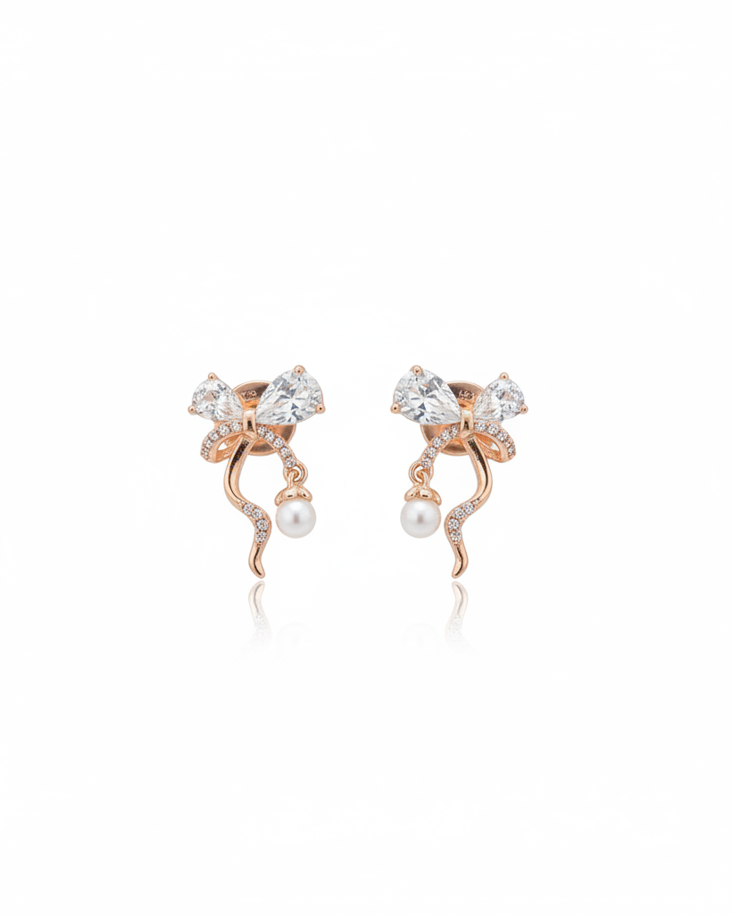 Crystal Bow Pearl Drop Stud Earrings