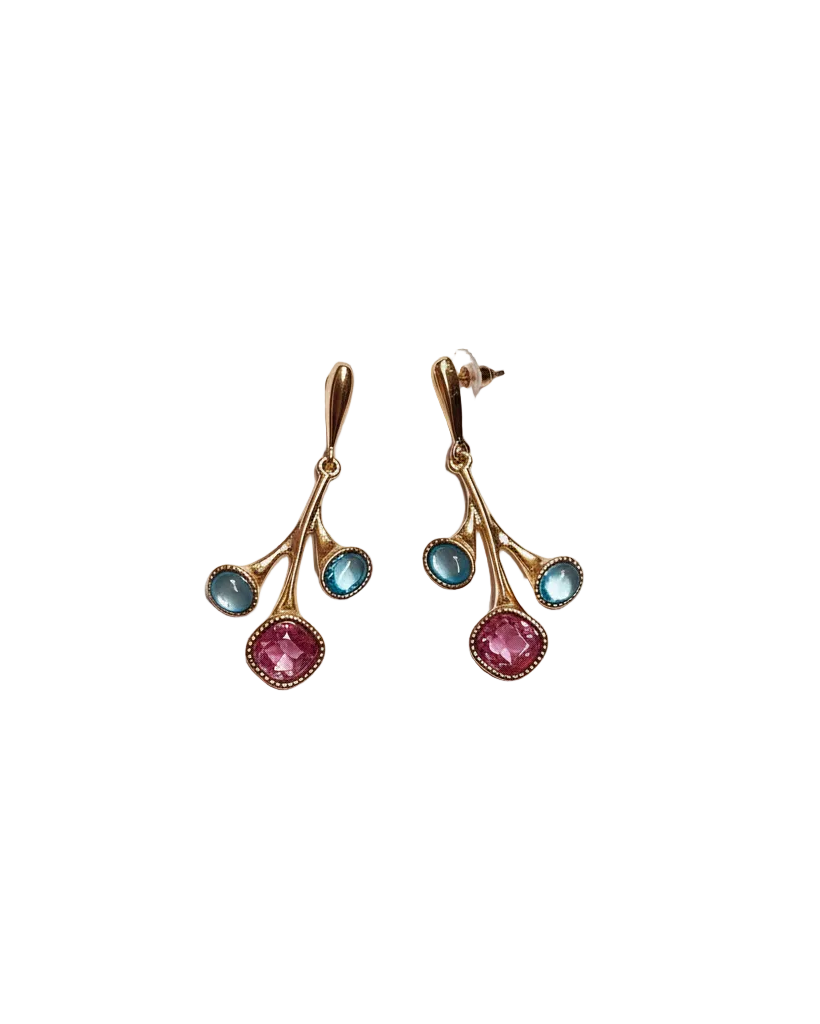 Gold branch earrings with blue and pink stones - enhanced product image