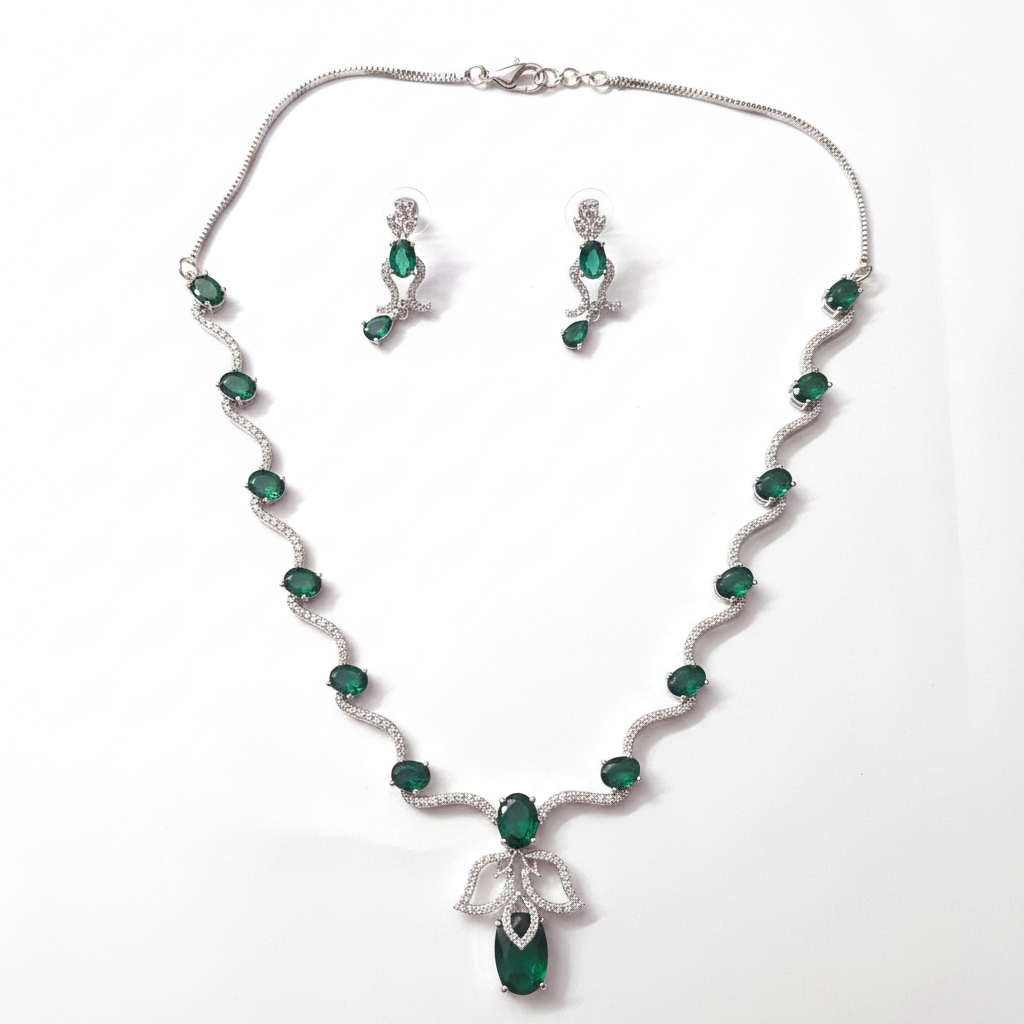 Silver Emerald Green Stone Necklace Set with Earrings